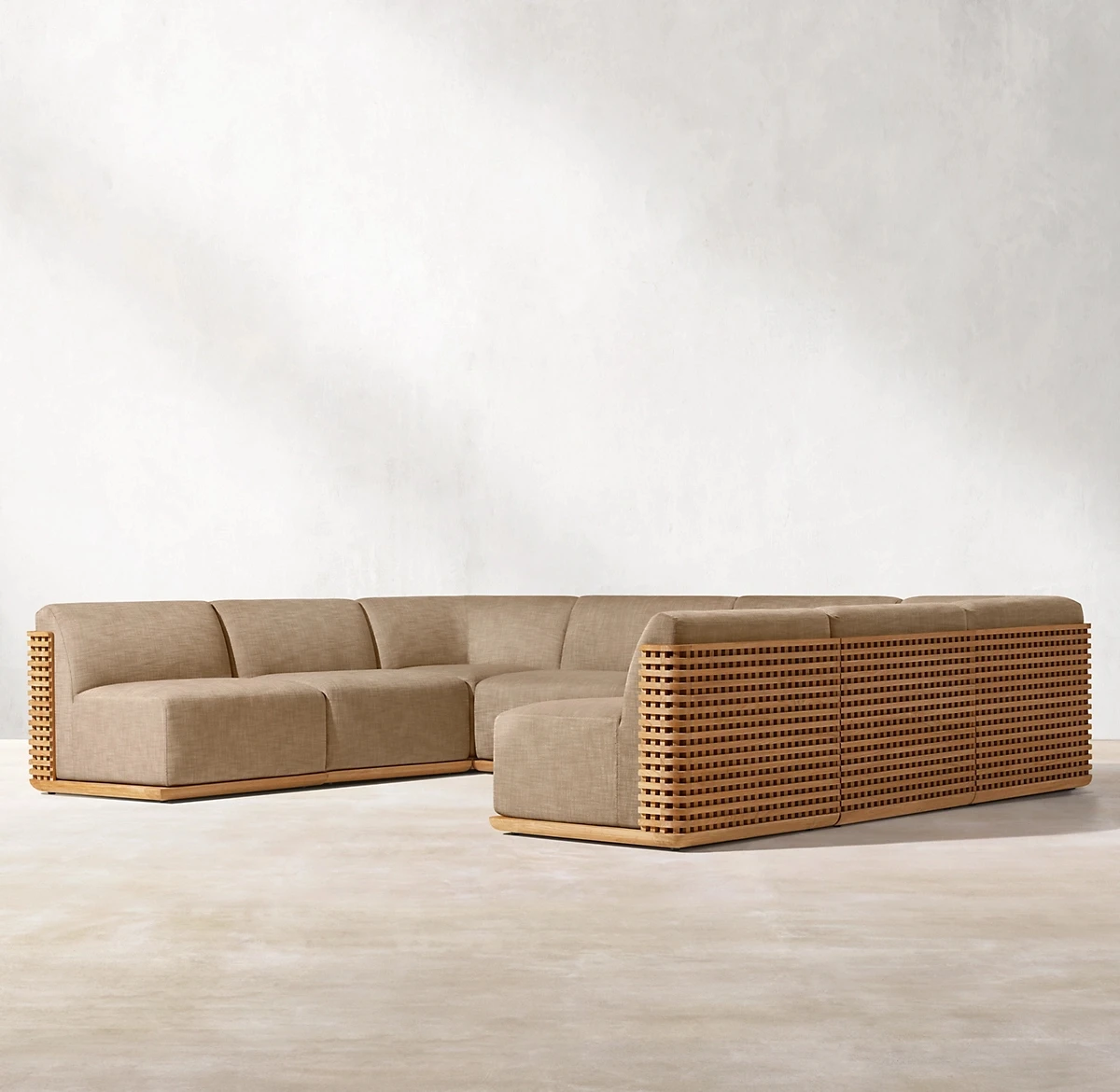 -Modern outdoor furniture reticulated foam upholstered curved lattice frame teak combination sofa
-Modern outdoor furniture reticulated foam upholstered curved lattice frame teak combination sofa