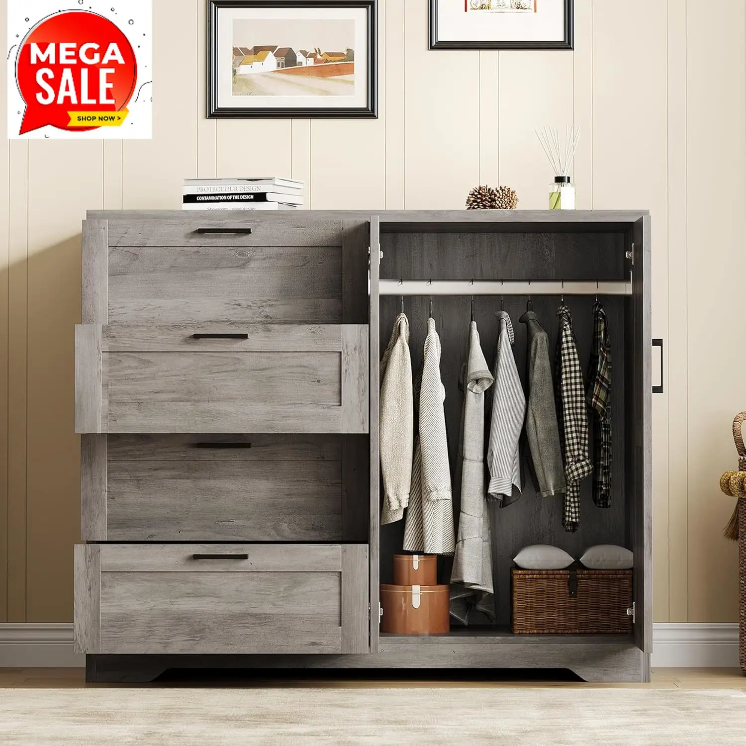 43.3'' H Armoire Wardrobe Closet with 4 Drawers and 2 Doors, Hanging Rod, Multifunctional Wooden Dresser with Storage Closet, Ba
43.3'' H Armoire Wardrobe Closet with 4 Drawers and 2 Doors, Hanging Rod, Multifunctional Wooden Dresser with Storage Closet, Ba