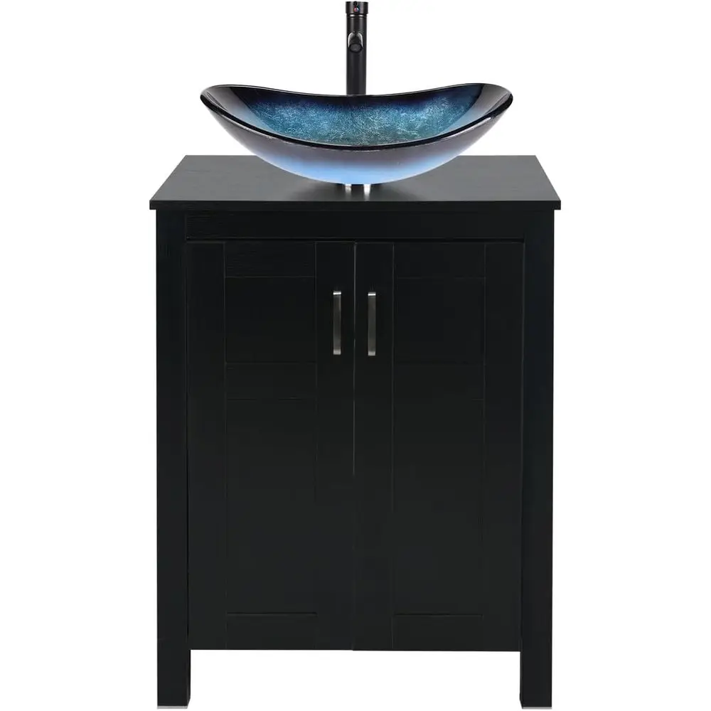 24 Traditional Black Vanity with Blue Glass Sink and Faucet & Up Drain Combo
24 Traditional Black Vanity with Blue Glass Sink and Faucet & Up Drain Combo