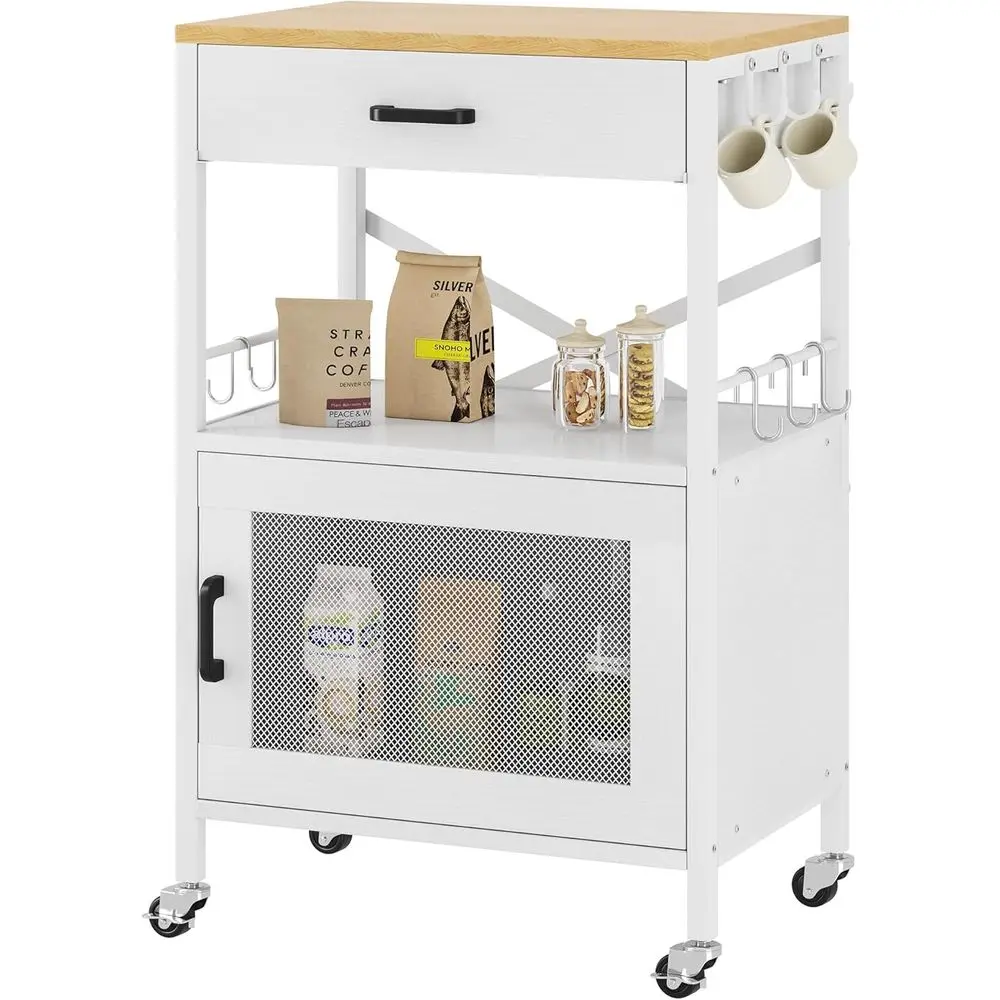 White Rolling Kitchen Island Cart with Storage and Hooks for Dining Room Use
White Rolling Kitchen Island Cart with Storage and Hooks for Dining Room Use