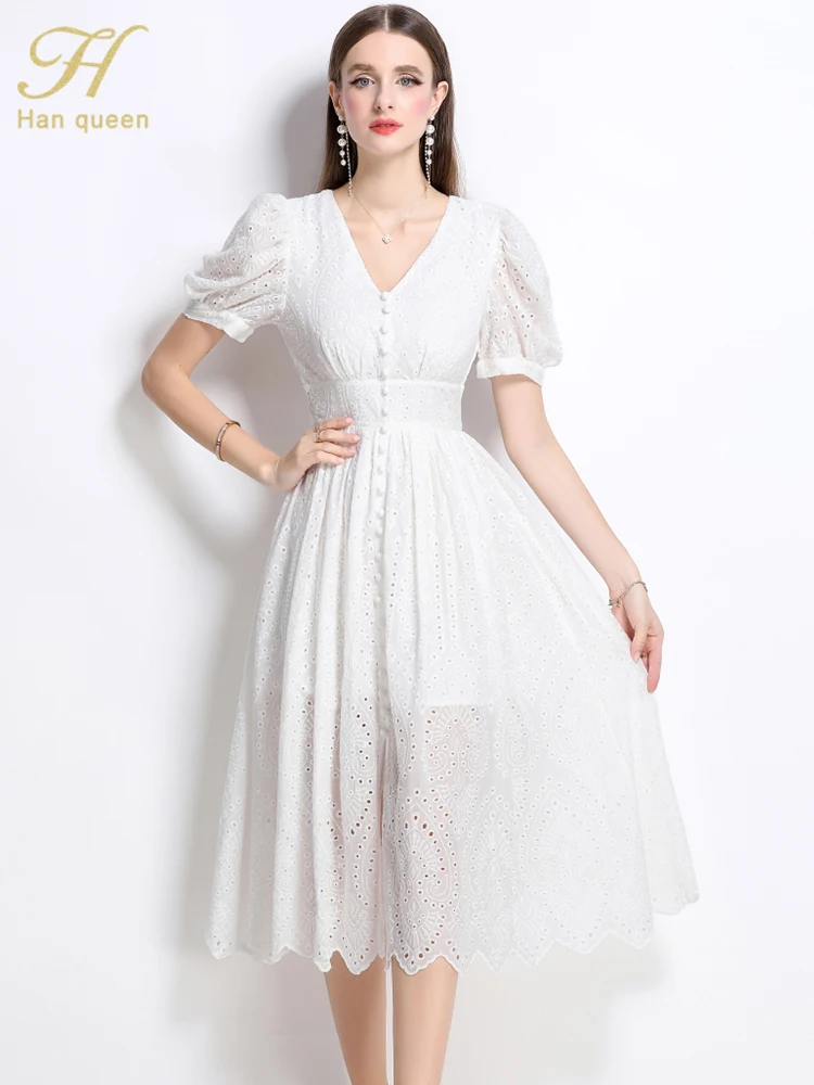 H Han Queen Summer French Style V-neck Lantern sleeve Dress Women's Single breasted Hollow out White Beach Holiday Party Dresses
H Han Queen Summer French Style V-neck Lantern sleeve Dress Women's Single breasted Hollow out White Beach Holiday Party Dresses