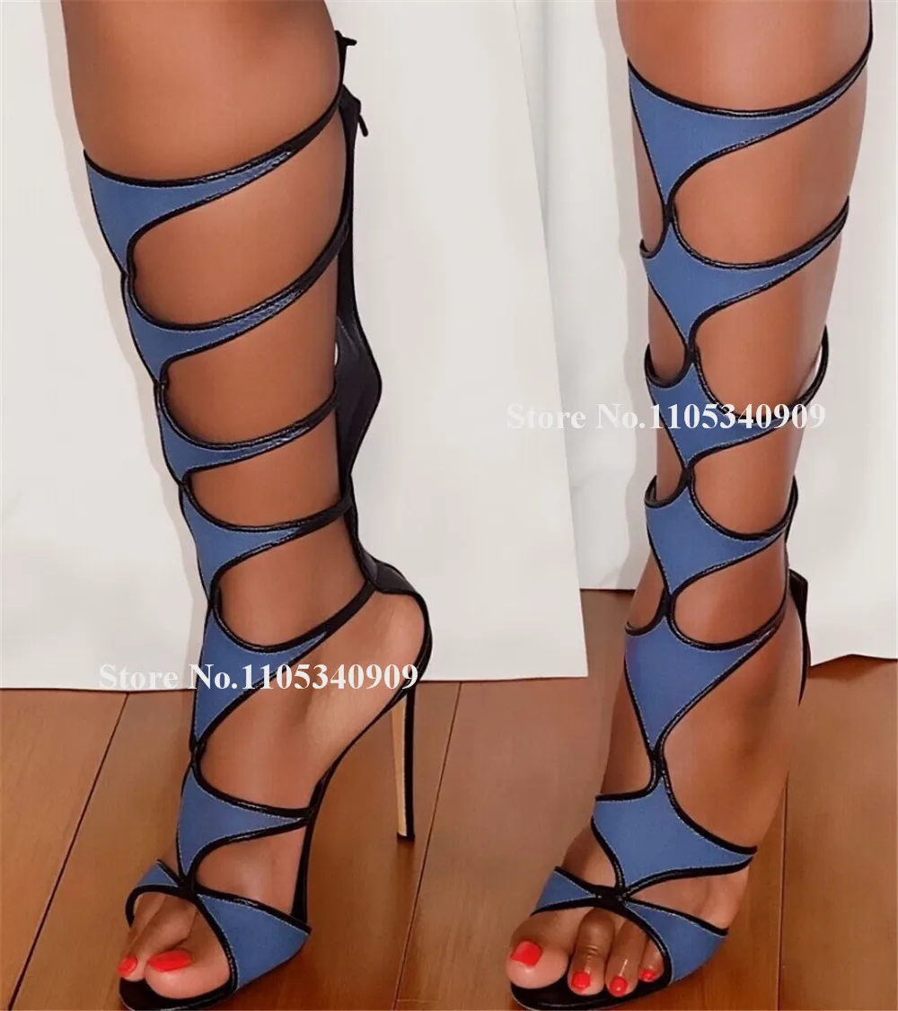 Bondarenko Blue Black Patchwork Stiletto Heel Knee High Gladiator Boots Open Toe Cut-out Thin Heel Long Sandal Dance Shoes
Bondarenko Blue Black Patchwork Stiletto Heel Knee High Gladiator Boots Open Toe Cut-out Thin Heel Long Sandal Dance Shoes