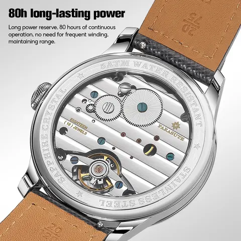 FARASUTE Nuovo riserva di carica 80 ore Orologio meccanico manuale per uomo Svizzero Super luminoso Zaffiro 5Bar Orologi da polso impermeabili