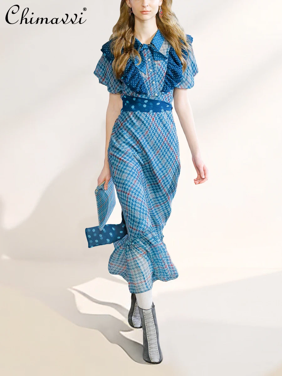 2024 Summer Dresses French Fashion Blue Dress High-End Houndstooth Design Retro Lace Up Elegant Office Lady Long Dress Women
2024 Summer Dresses French Fashion Blue Dress High-End Houndstooth Design Retro Lace Up Elegant Office Lady Long Dress Women