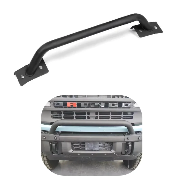 Black steel front bumper with tubular high-mounted skid plate (lights not included), fit Ford Bronco 2021+
Black steel front bumper with tubular high-mounted skid plate (lights not included), fit Ford Bronco 2021+