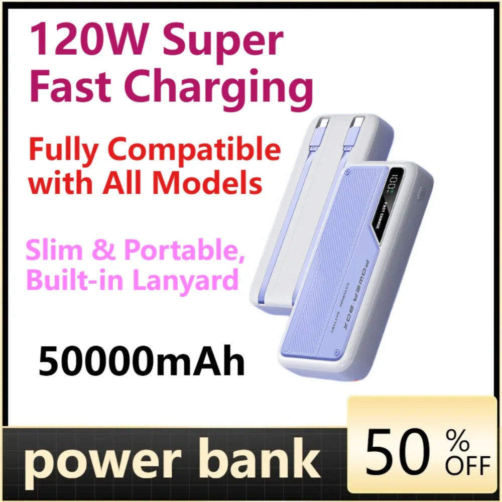 Ultra Slim Portable Power Bank, 120W Super Fast Charging, 50000mAh Ultra Large Capacity with Dual Built-in Cables
Ultra Slim Portable Power Bank, 120W Super Fast Charging, 50000mAh Ultra Large Capacity with Dual Built-in Cables