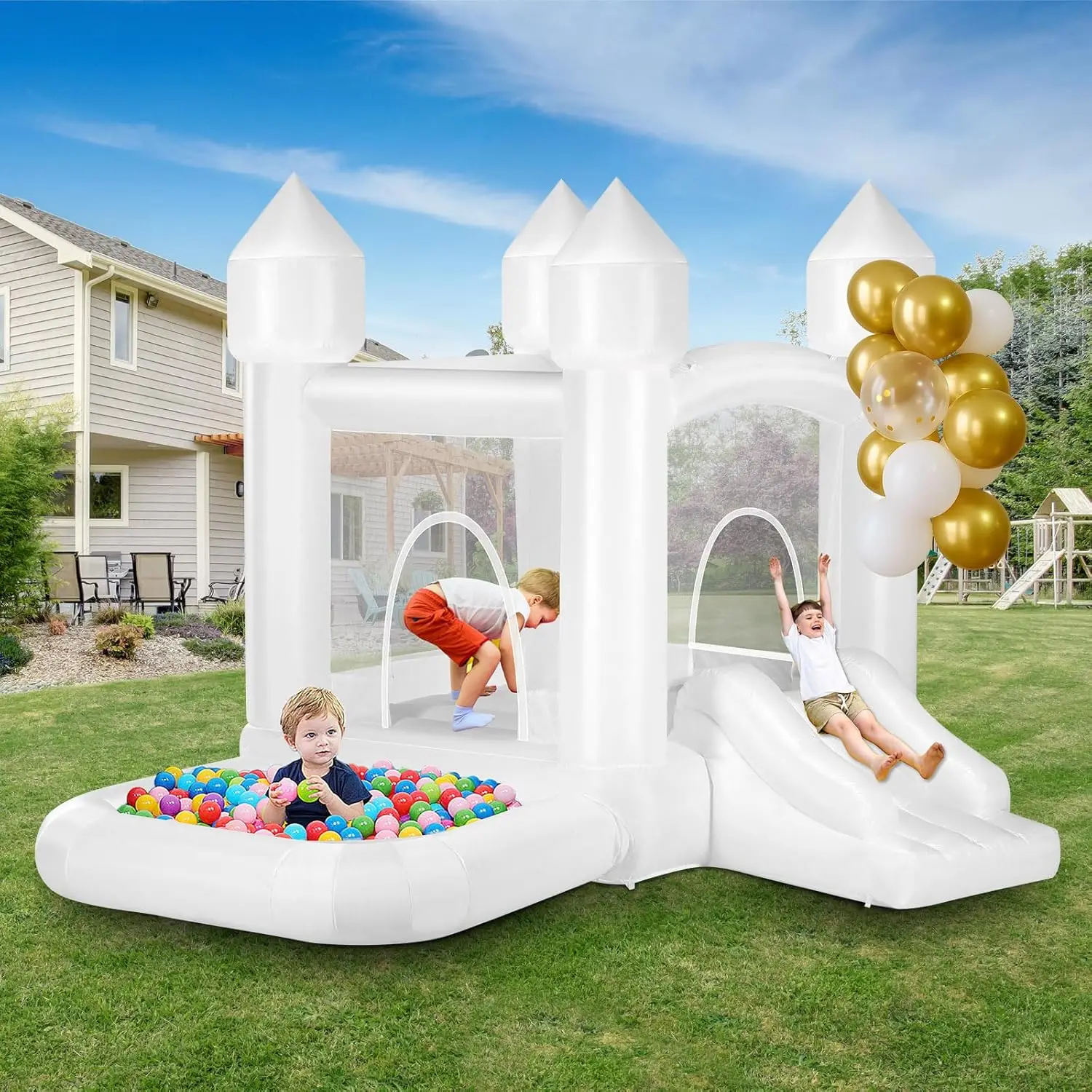 Kids White Bounce House with Ball Pit - Inflatable Jumping Castle for Indoor & Outdoor Use, Includes Blower, Easy Setup, Durable Bouncy Castle for Backyard Birthday Gift Parties & Weddings
Kids White Bounce House with Ball Pit - Inflatable Jumping Castle for Indoor & Outdoor Use, Includes Blower, Easy Setup, Durable Bouncy Castle for Backyard Birthday Gift Parties & Weddings