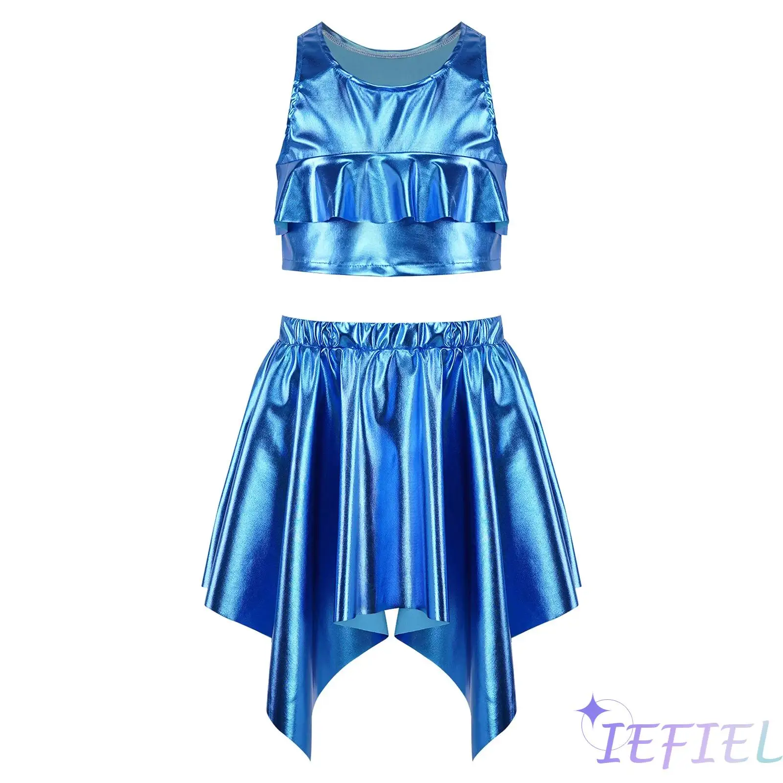 Kids Girls Metallic Jazz Dance Outfit Sleeveless Ruffle Vest with Asymmetrical Skirt Set for Cheerleading Chorus Performance
Kids Girls Metallic Jazz Dance Outfit Sleeveless Ruffle Vest with Asymmetrical Skirt Set for Cheerleading Chorus Performance