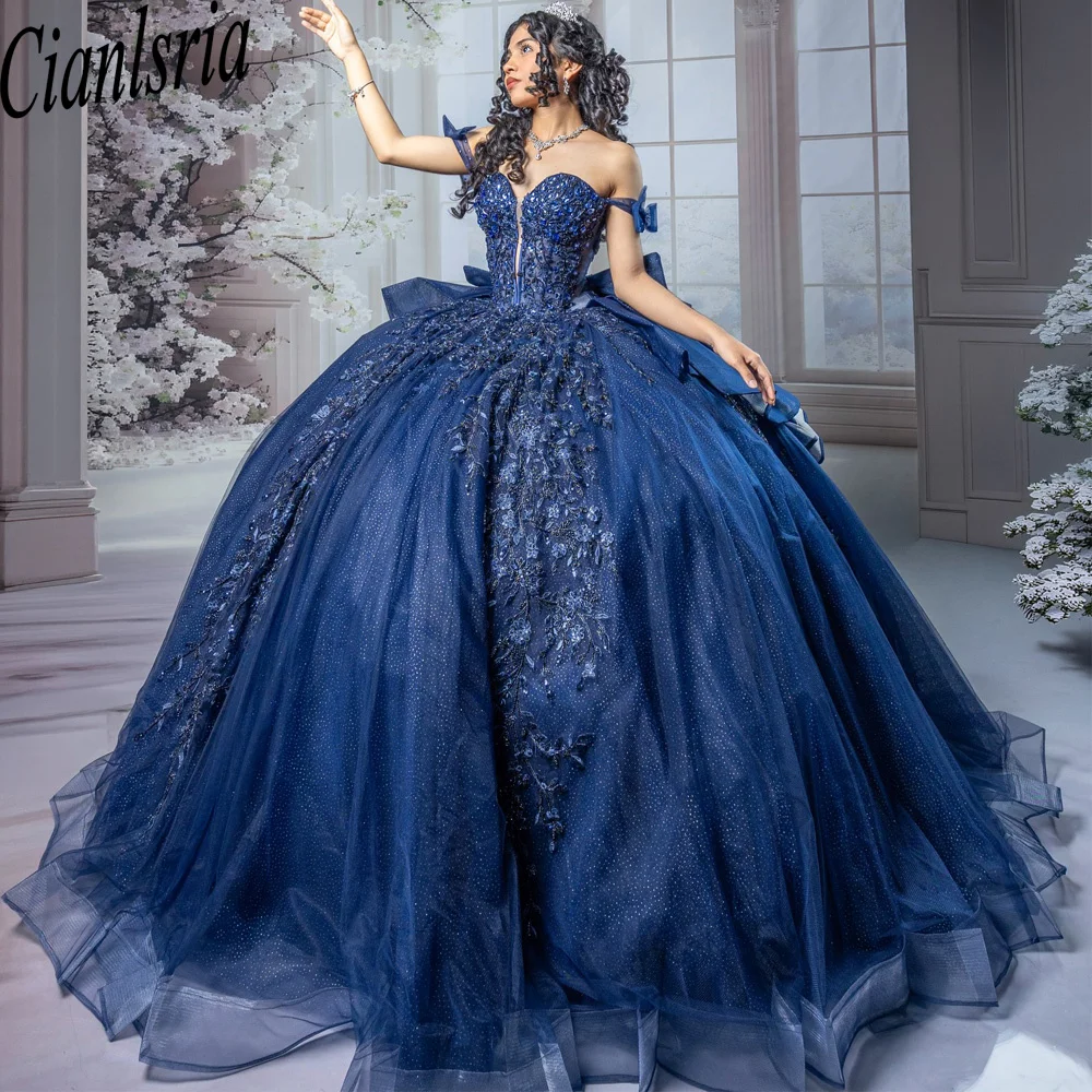 Sparkly Navy Blue Quinceanera Dress Ball Gown Lace Applique Beading Bow Tiered Sweet 16 Vestido De 15 Anos
Sparkly Navy Blue Quinceanera Dress Ball Gown Lace Applique Beading Bow Tiered Sweet 16 Vestido De 15 Anos