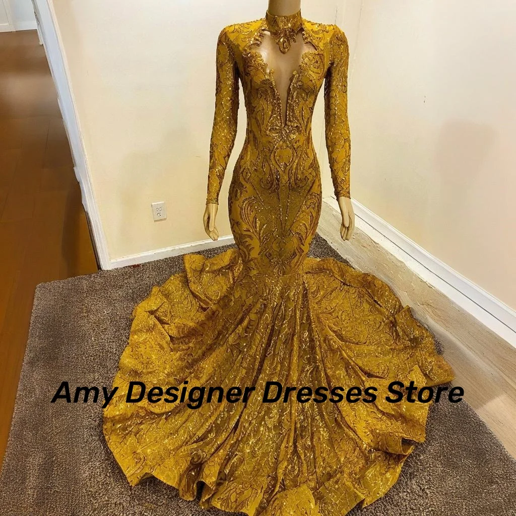Sequin Gold Prom Dress Black Girls 2025 High Neck Full Sleeves Rhinestones Long Birthday Dress Women Luxury Customized
Sequin Gold Prom Dress Black Girls 2025 High Neck Full Sleeves Rhinestones Long Birthday Dress Women Luxury Customized