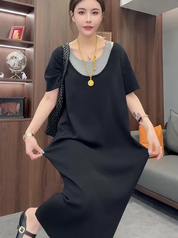 Loose Casual Summer Short Sleeve Long Dress Women's plus Size Dress Fake Two-Piece Comfortable Breathable Skin-Friendly
Loose Casual Summer Short Sleeve Long Dress Women's plus Size Dress Fake Two-Piece Comfortable Breathable Skin-Friendly