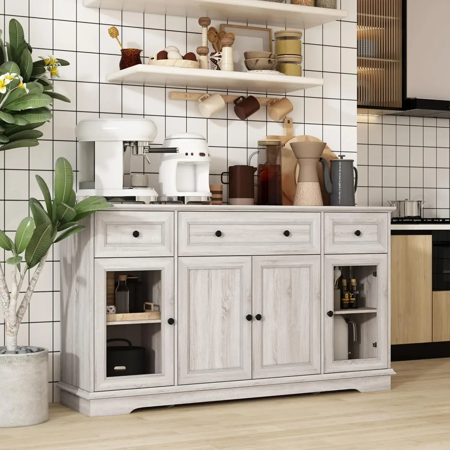 Buffet Sideboard Cabinet with 5 Shelves & 3 Drawers, Modern Storage Cabinet with Tempered Glass Doors
Buffet Sideboard Cabinet with 5 Shelves & 3 Drawers, Modern Storage Cabinet with Tempered Glass Doors