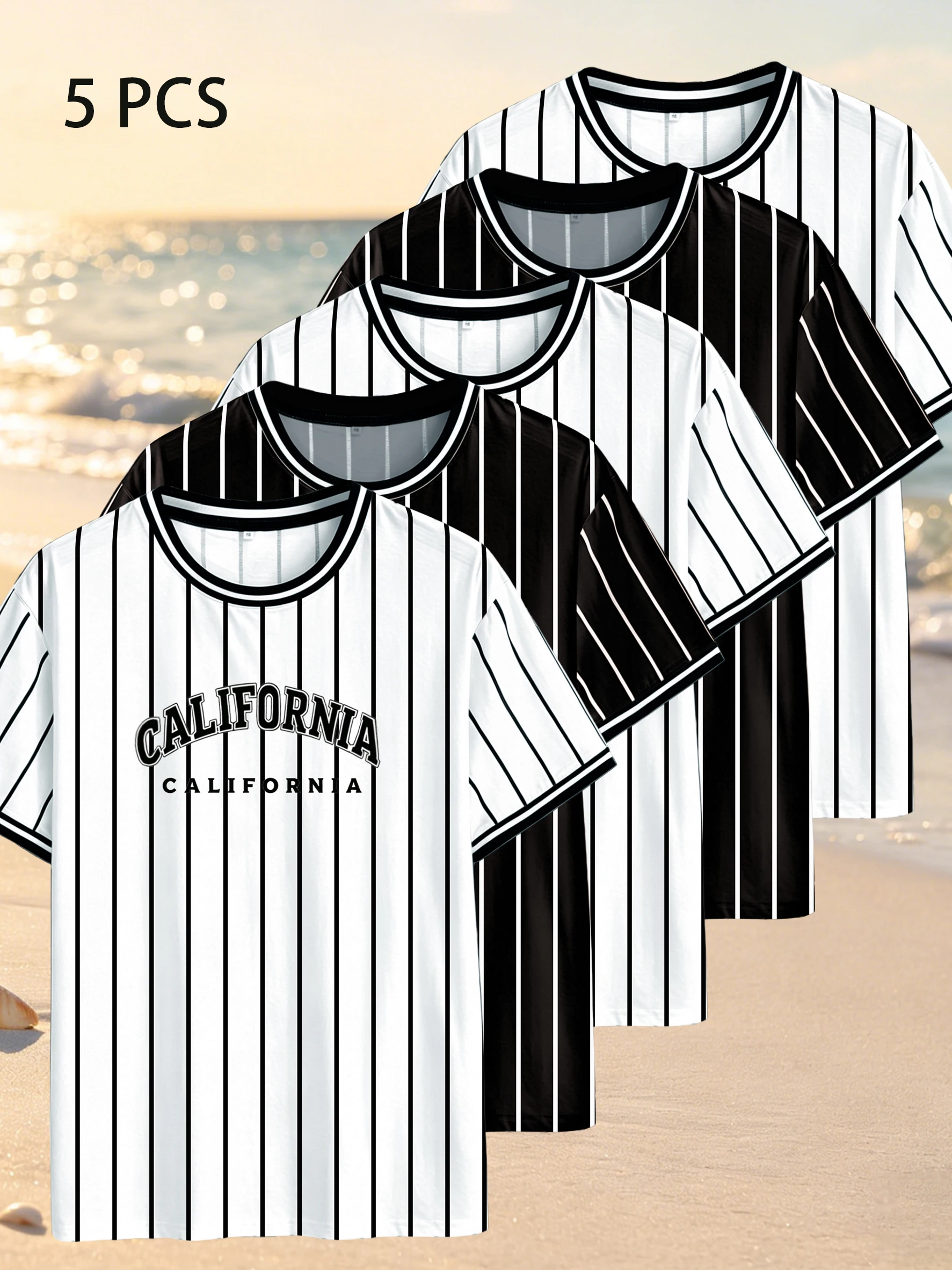 5-piece retro California letter printed striped men's T-shirt -3 white and 2 black vertical stripes baseball style short sleeved
5-piece retro California letter printed striped men's T-shirt -3 white and 2 black vertical stripes baseball style short sleeved