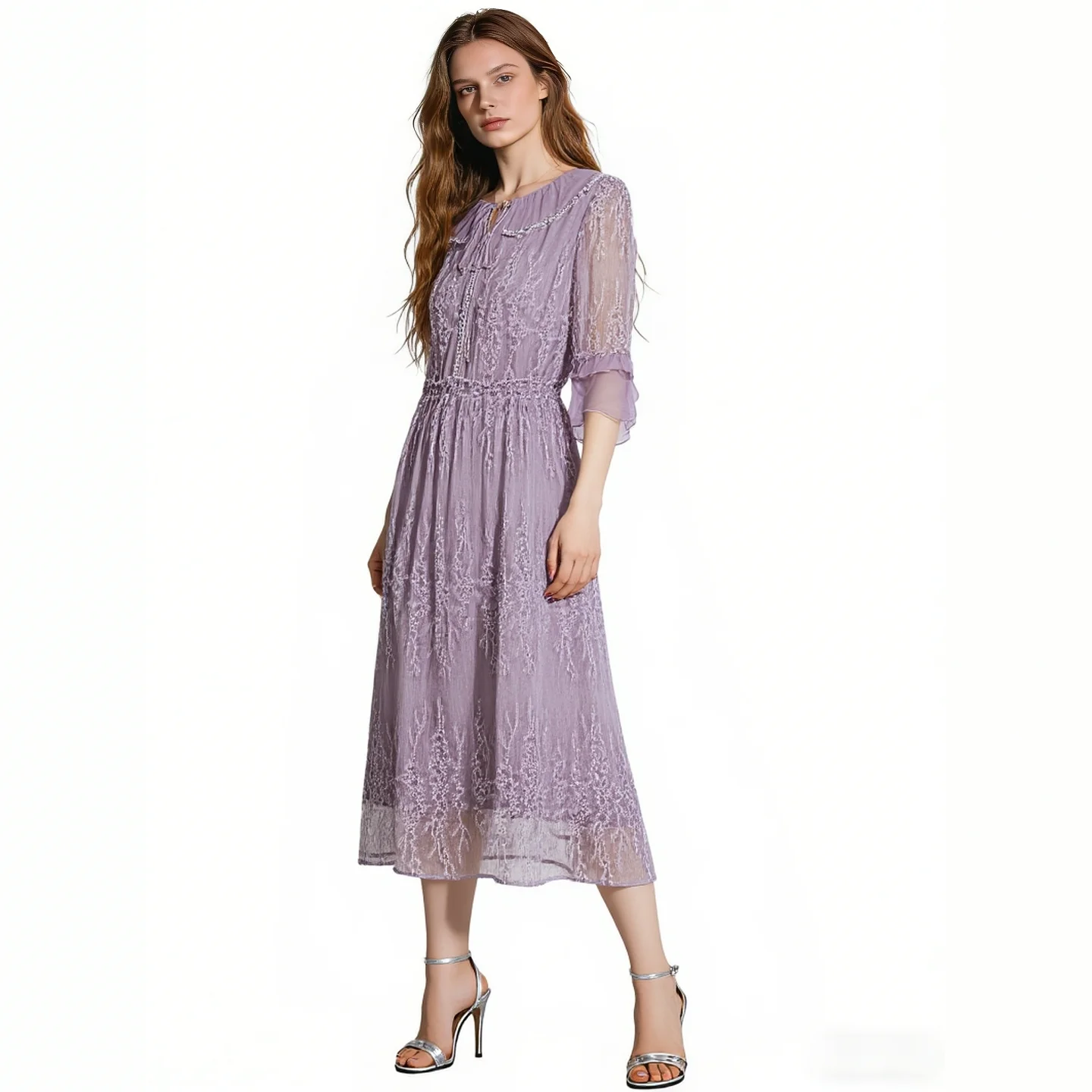 2026 Trending Taro Purple Lace Dress, Sheer Chiffon Overlay, Ruffled Cuffs & Tie Neck - Elegant Casual Wear for Women
2026 Trending Taro Purple Lace Dress, Sheer Chiffon Overlay, Ruffled Cuffs & Tie Neck - Elegant Casual Wear for Women