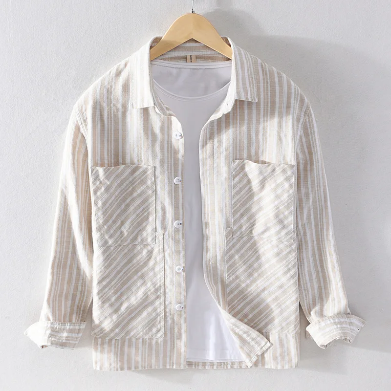 Men' Striped Shirt Cotton Linen Fabric Japan Style Simple Casual Trend All-Match Lapel Long Sleeve Double Pockets Tops Coat
Men' Striped Shirt Cotton Linen Fabric Japan Style Simple Casual Trend All-Match Lapel Long Sleeve Double Pockets Tops Coat