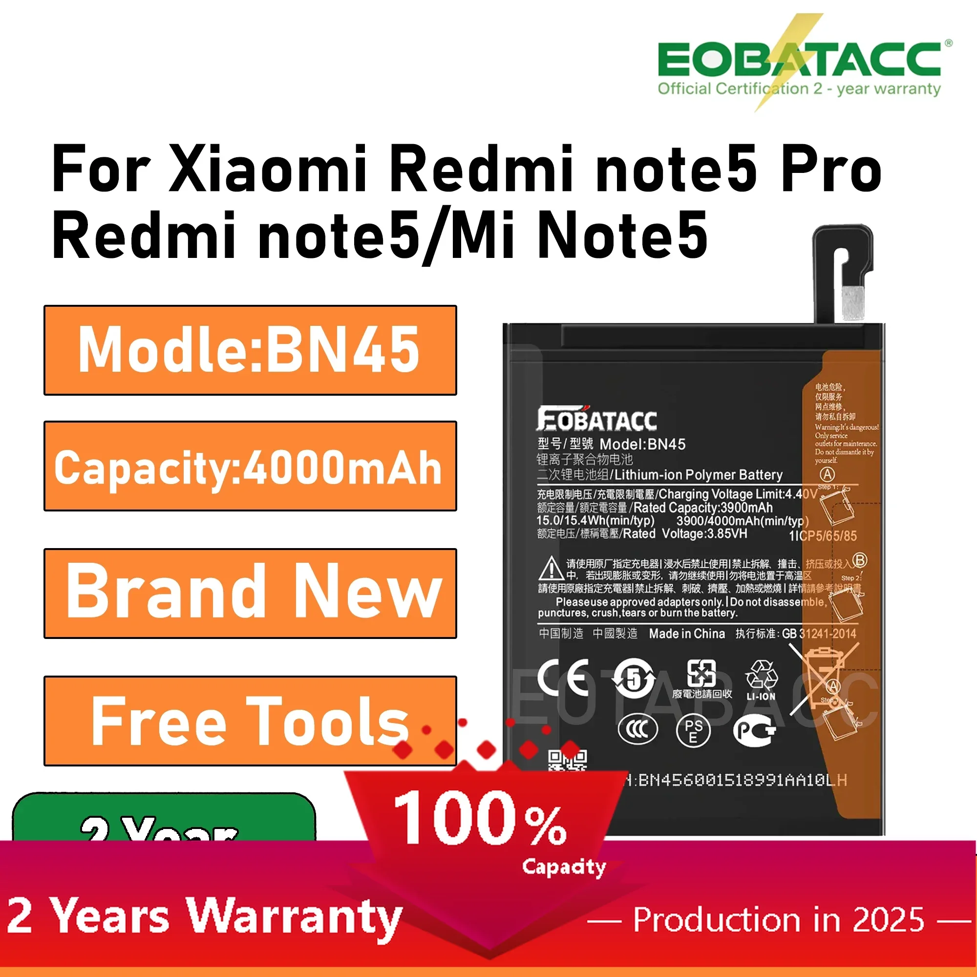 2025 Years EOBATACC 100% New BN45 4000mAh Battery For Xiaomi Redmi Note 5 Note5 Pro BN45 Phone Replacement Batteries +Free Tool
2025 Years EOBATACC 100% New BN45 4000mAh Battery For Xiaomi Redmi Note 5 Note5 Pro BN45 Phone Replacement Batteries +Free Tool