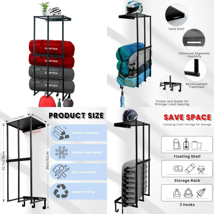 Camping Chairs Storage for Garage - Metal Camping Chair Wall Holder for Garage Organization, Camping Chair Storage Racks with 3
Camping Chairs Storage for Garage - Metal Camping Chair Wall Holder for Garage Organization, Camping Chair Storage Racks with 3