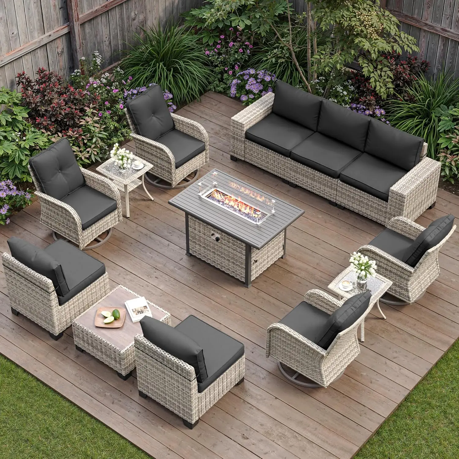 13-Piece Patio Furniture Set Rocking Swivel Chair PE Rattan Sectional 55000 BTU Fire Pit Table Dark Grey, Customized
13-Piece Patio Furniture Set Rocking Swivel Chair PE Rattan Sectional 55000 BTU Fire Pit Table Dark Grey, Customized