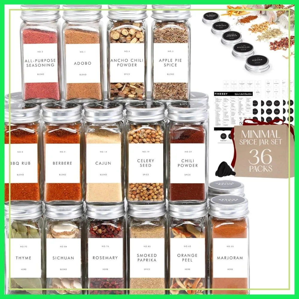 36 Pack 4oz Glass Spice Jars with Labels, Metal Lids & Shakers, Empty Clear Seasoning Containers for Kitchen Organization
36 Pack 4oz Glass Spice Jars with Labels, Metal Lids & Shakers, Empty Clear Seasoning Containers for Kitchen Organization