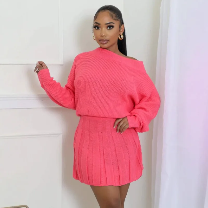 Knitted Women 2 Piece Set Solid Off Shoulder Long Sleeve Crop Top Mini Pleated Skirts Matching Set 2024 Autumn Casual Outfits
Knitted Women 2 Piece Set Solid Off Shoulder Long Sleeve Crop Top Mini Pleated Skirts Matching Set 2024 Autumn Casual Outfits