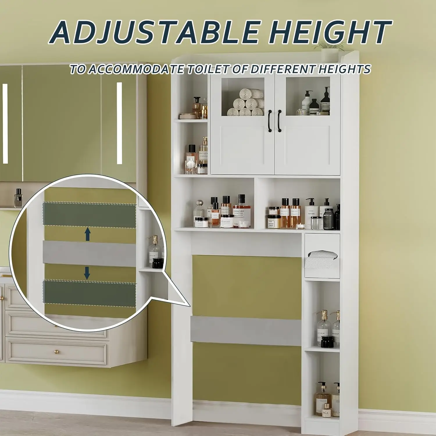67.4"H Over Toilet Bathroom Storage Cabinet Glass Door Adjustable Shelf Laundry Room Space Saver, Customized
67.4"H Over Toilet Bathroom Storage Cabinet Glass Door Adjustable Shelf Laundry Room Space Saver, Customized