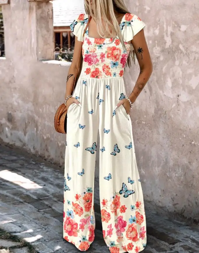 Jumpsuits for Women Wear Summer Clothes Fashion Floral Print Ruffles Strap Shirred Jumpsuit Women's Casual Pockets Design Romper
Jumpsuits for Women Wear Summer Clothes Fashion Floral Print Ruffles Strap Shirred Jumpsuit Women's Casual Pockets Design Romper