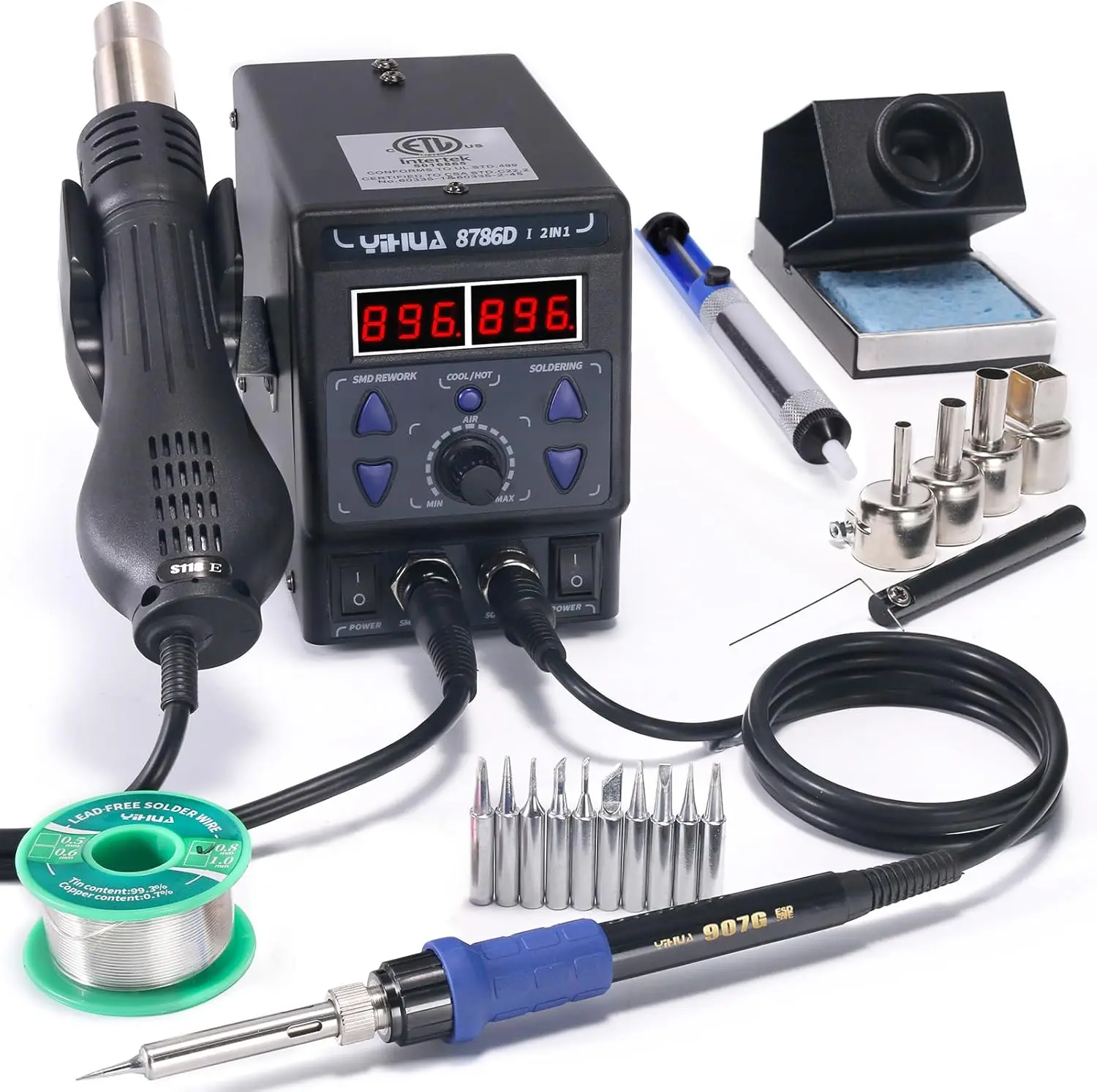 2-in-1 Hot Air Rework & Soldering Station with Digital Temp Control, Sleep Mode, and F/C Conversion
2-in-1 Hot Air Rework & Soldering Station with Digital Temp Control, Sleep Mode, and F/C Conversion