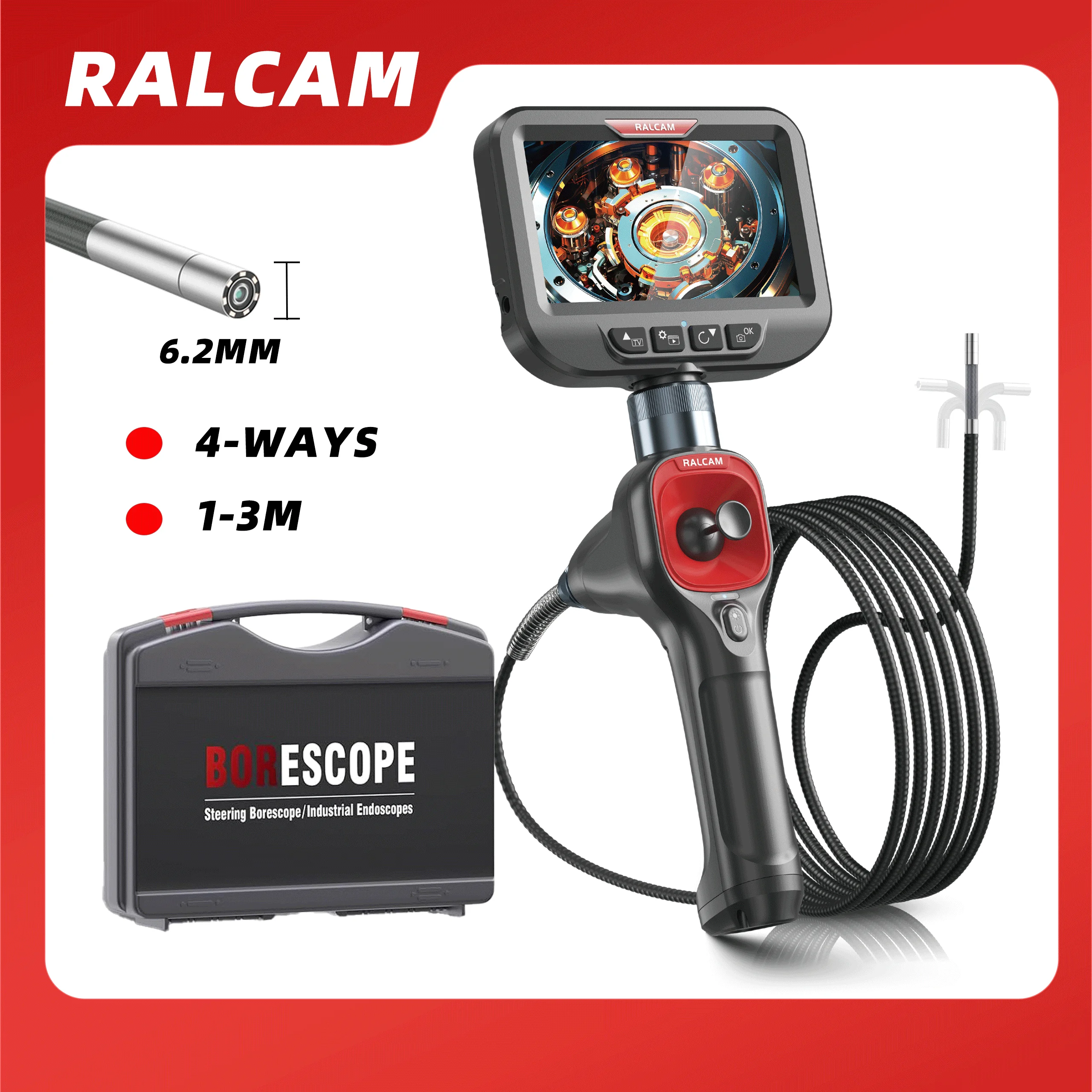 RALCAM Articulating Borescope 6.2mm IP67 Waterproof Probe 4 Ways IPS Automotive Endoscope Inspection Camera with 6 LED Lights
RALCAM Articulating Borescope 6.2mm IP67 Waterproof Probe 4 Ways IPS Automotive Endoscope Inspection Camera with 6 LED Lights