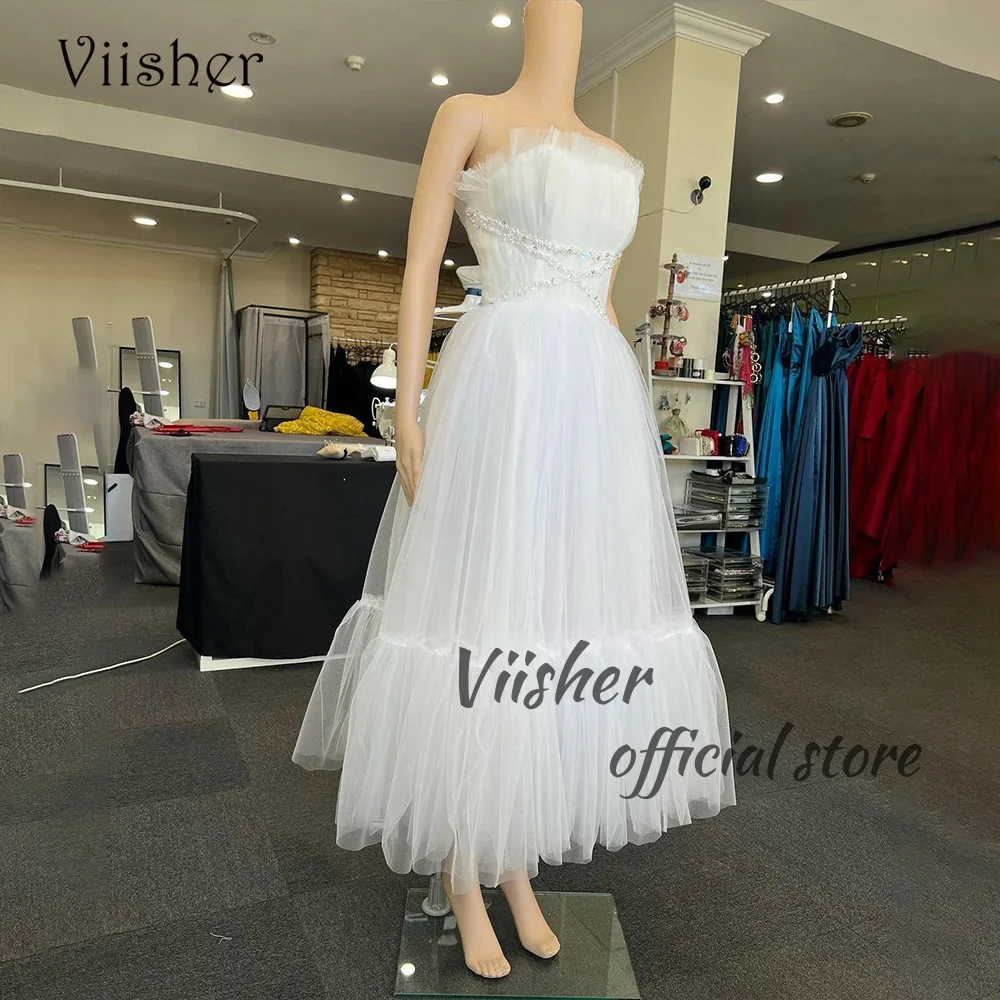 Viisher White Tulle A Line Prom Dresses Beads Strapless Fairy Evening Party Dress Tea Length Formal Evening Gowns
Viisher White Tulle A Line Prom Dresses Beads Strapless Fairy Evening Party Dress Tea Length Formal Evening Gowns