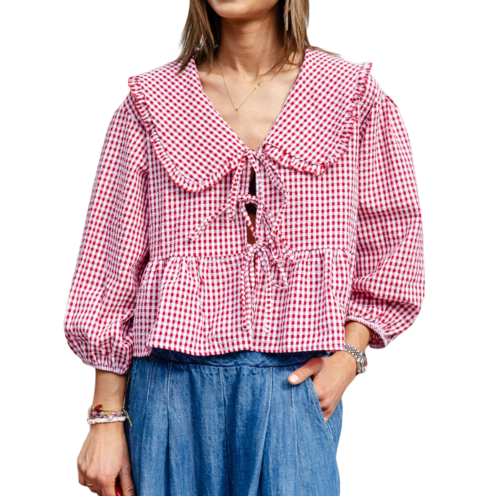 Women's Summer Plaid Print Shirt Streetwear Outfits Aesthetic Long Sleeve Doll Collar Bow Tie-Up Front Loose Tops Blouses
Women's Summer Plaid Print Shirt Streetwear Outfits Aesthetic Long Sleeve Doll Collar Bow Tie-Up Front Loose Tops Blouses