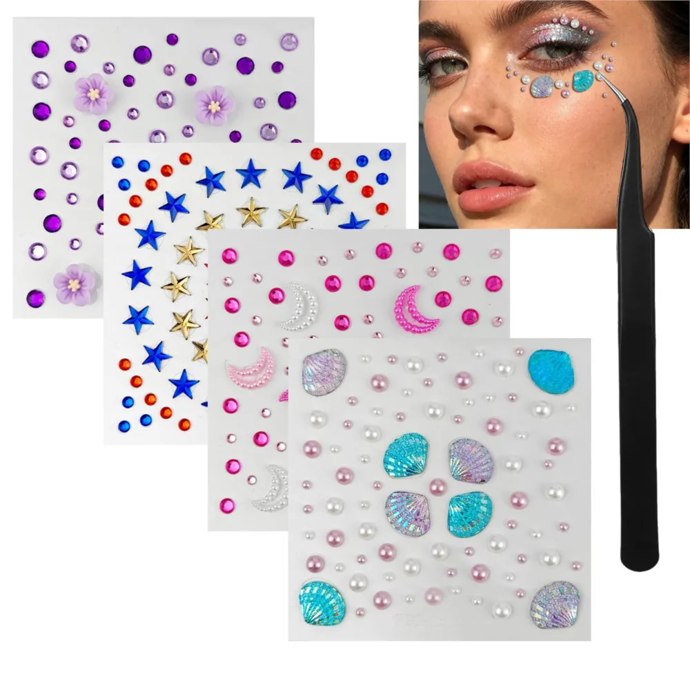 4Pcs 5D Self Adhesive Pearls Diamond Face Gems Moon Star Shell Hair Face Jewels with Tweezers Face Rhinestone Sticker for Makeup
4Pcs 5D Self Adhesive Pearls Diamond Face Gems Moon Star Shell Hair Face Jewels with Tweezers Face Rhinestone Sticker for Makeup