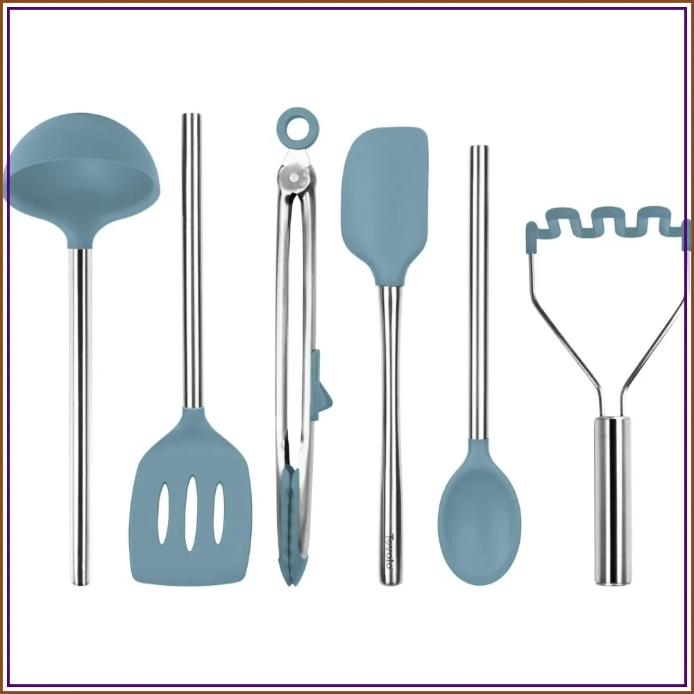 Silicone Cooking Utensil Set of 6 - Ladle, Slotted Turner, Tongs, Flex Core Spatula, Scraper, Mixing Spoon & Potato Masher, Dishwasher Safe, BPA Free Kitchen Utensils
Silicone Cooking Utensil Set of 6 - Ladle, Slotted Turner, Tongs, Flex Core Spatula, Scraper, Mixing Spoon & Potato Masher, Dishwasher Safe, BPA Free Kitchen Utensils