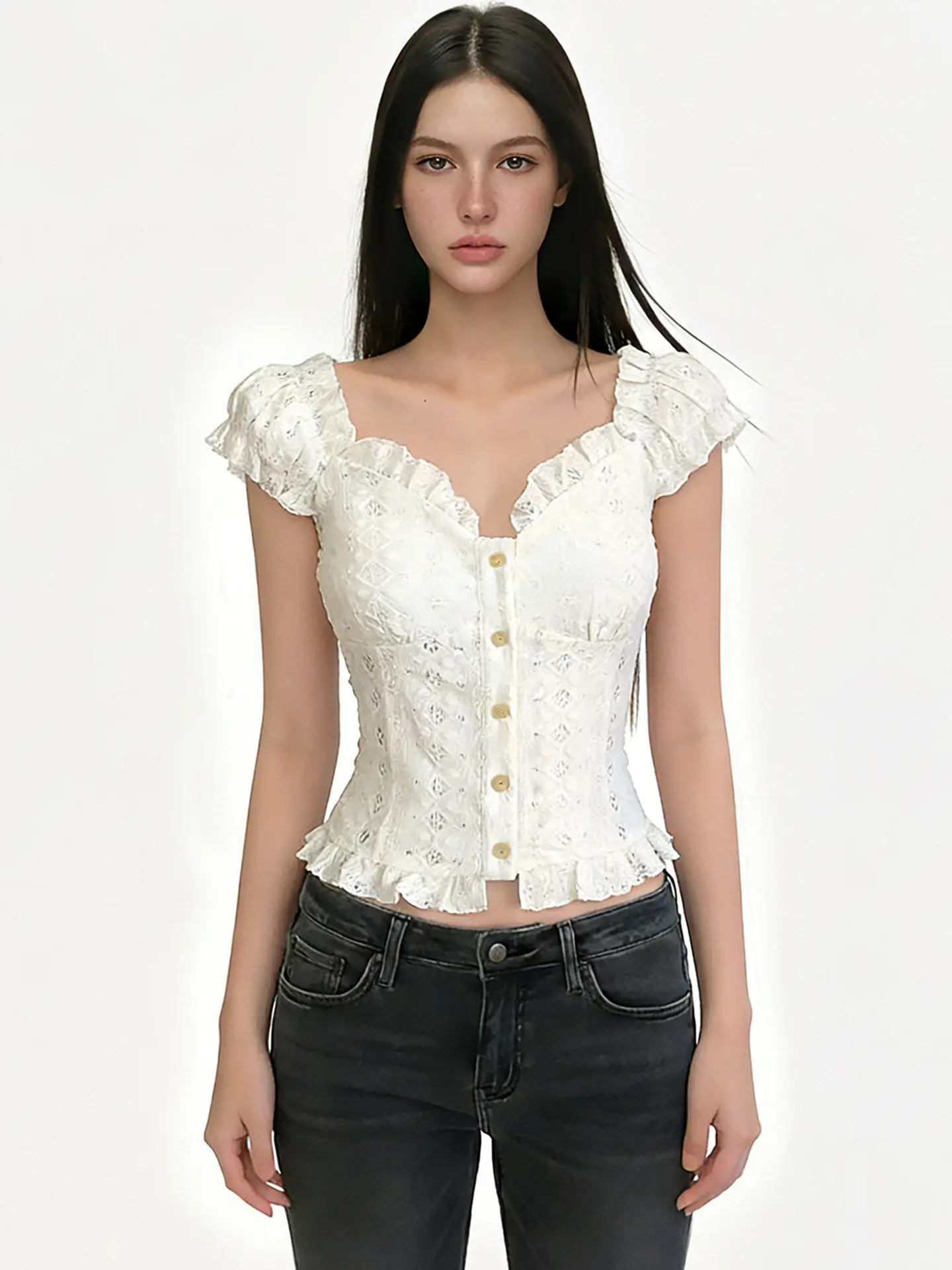 Fff Vintage White Lace irt Slim Fit Bubble Sve Square Collar Waist Cinched Hemline Women's Casual ort Sve Top
Fff Vintage White Lace irt Slim Fit Bubble Sve Square Collar Waist Cinched Hemline Women's Casual ort Sve Top