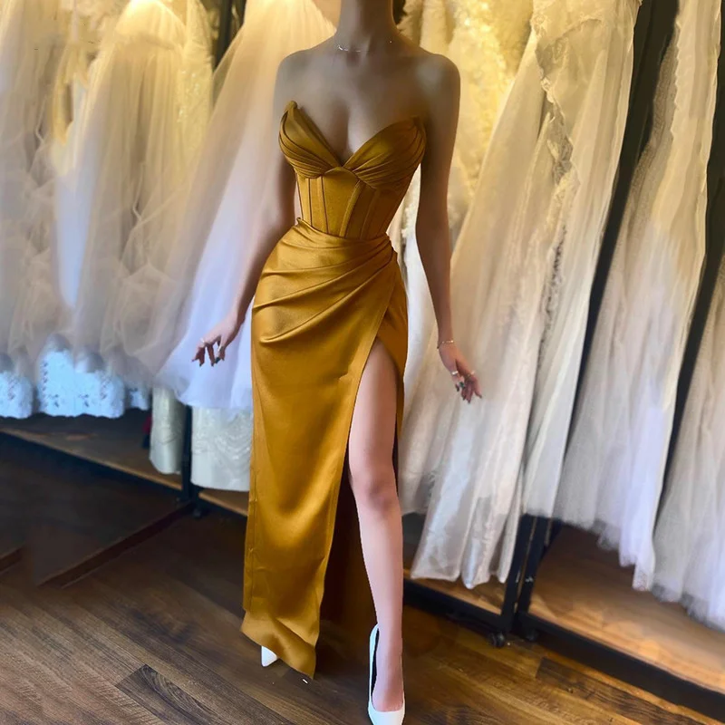Sexy Golden Satin Corset Mermaid Evening Dresses Side Slit Sweetheart Neck Pleats Women Prom Gowns Long Formal Party Dress
Sexy Golden Satin Corset Mermaid Evening Dresses Side Slit Sweetheart Neck Pleats Women Prom Gowns Long Formal Party Dress