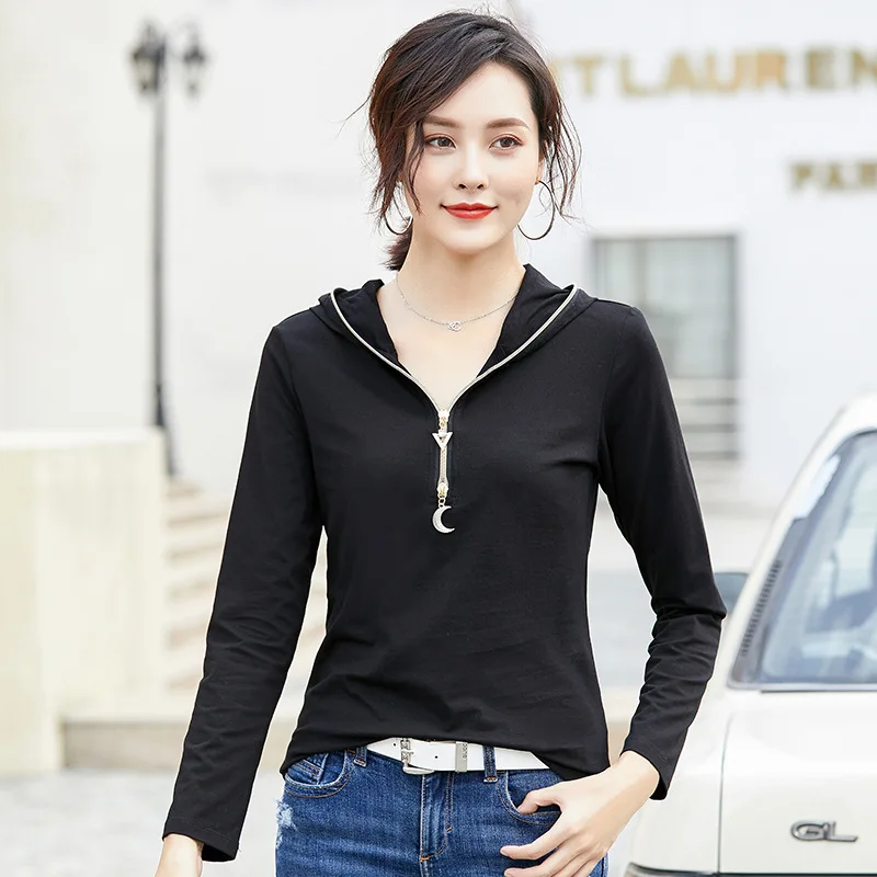 Fashion T Shirt Women Hooded Long Sleeve Cotton Zipper Casual Tees 3XL Black White Female Clothing Spring Atumun Tshirt Tops
Fashion T Shirt Women Hooded Long Sleeve Cotton Zipper Casual Tees 3XL Black White Female Clothing Spring Atumun Tshirt Tops