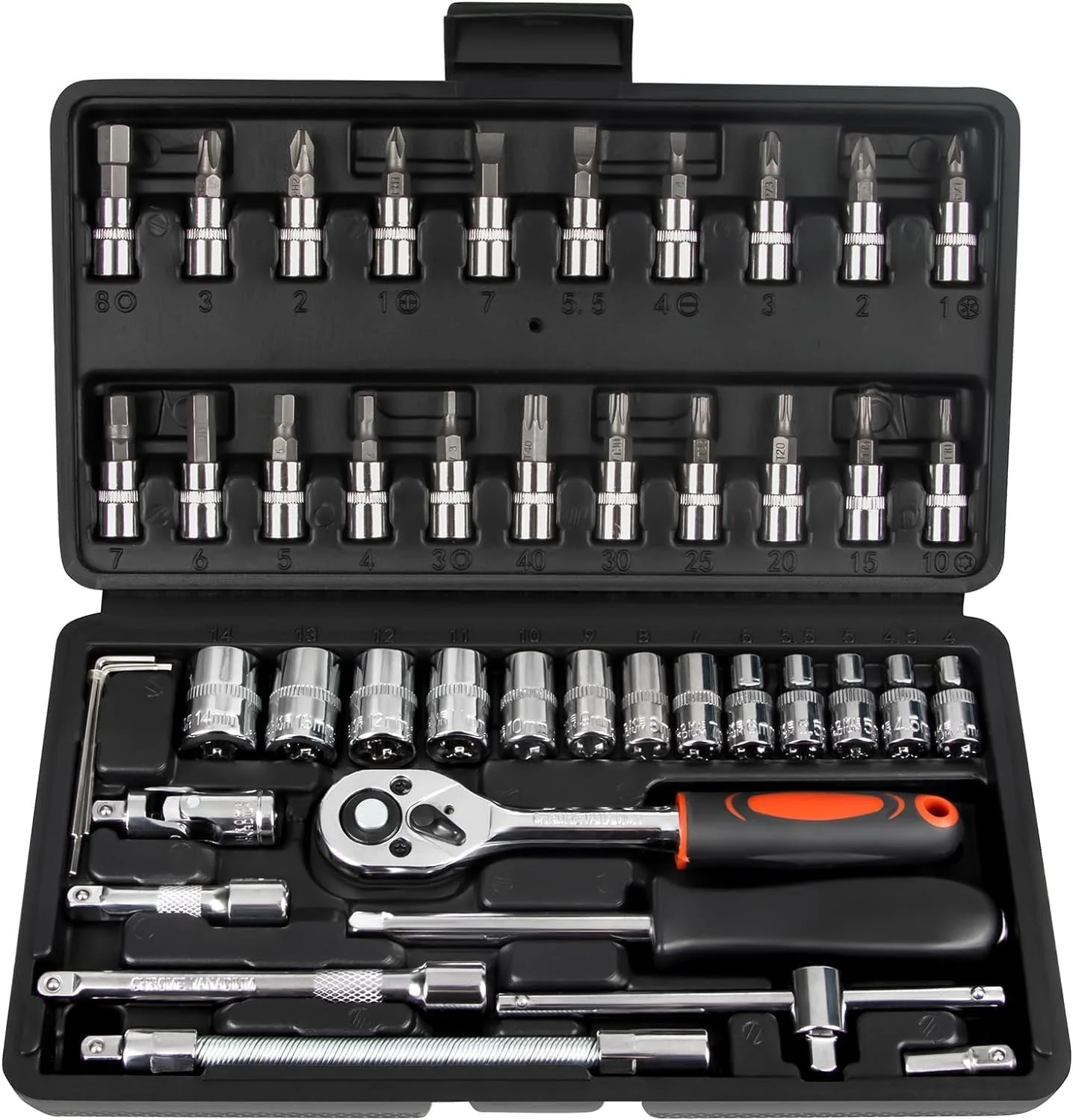 46 Pieces 1/4 Inch Drive Socket Ratchet Wrench Set With Bit Socket Set Metric And Extension Bar For Auto Repairing
46 Pieces 1/4 Inch Drive Socket Ratchet Wrench Set With Bit Socket Set Metric And Extension Bar For Auto Repairing