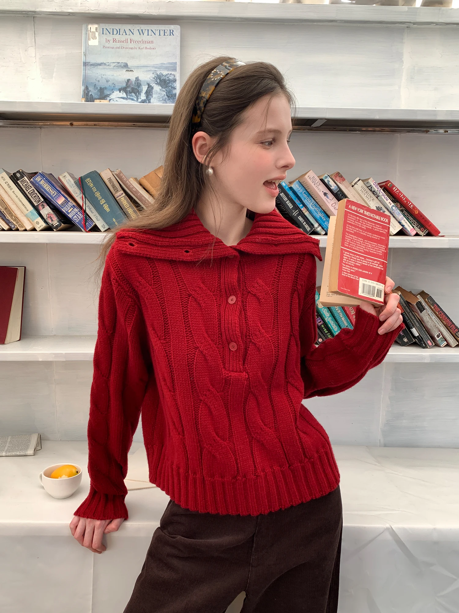 Red Knitted Sweater with Twist Flower Design Turn-down Collar Commute Casual Women's Faionable ort Sle Overhead Top
Red Knitted Sweater with Twist Flower Design Turn-down Collar Commute Casual Women's Faionable ort Sle Overhead Top