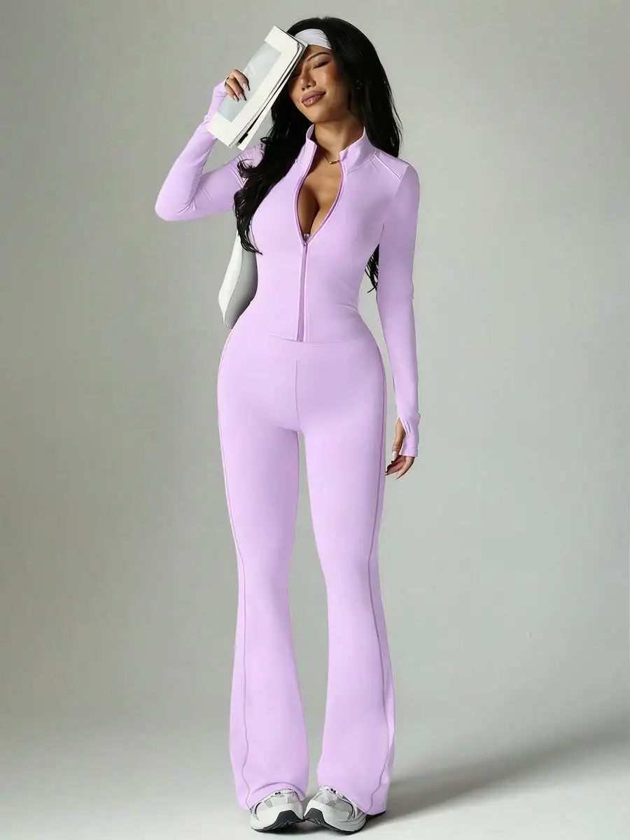 Purple Full-Zip Long Sleeve Sports Jumpsuit With Flared Leggings For Women
Purple Full-Zip Long Sleeve Sports Jumpsuit With Flared Leggings For Women