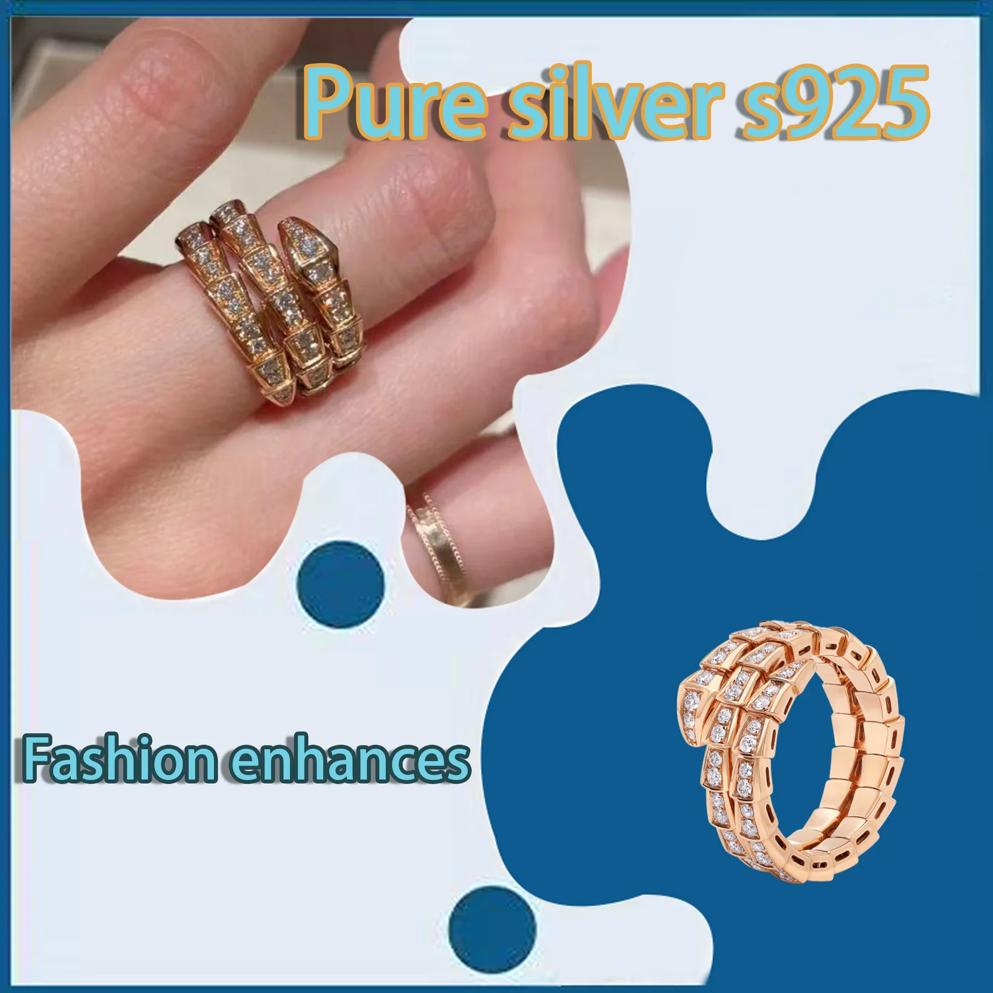 Pure silver s925 BV snake shaped surround diamond sparkling ring enhances temperament, luxurious and charming ladies
Pure silver s925 BV snake shaped surround diamond sparkling ring enhances temperament, luxurious and charming ladies