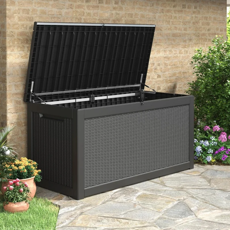 300 Gallon Black Outdoor Storage Box, Resin Deck Box with Lockable Lid, Waterproof Garden Tools, Patio Cushions, Package
300 Gallon Black Outdoor Storage Box, Resin Deck Box with Lockable Lid, Waterproof Garden Tools, Patio Cushions, Package