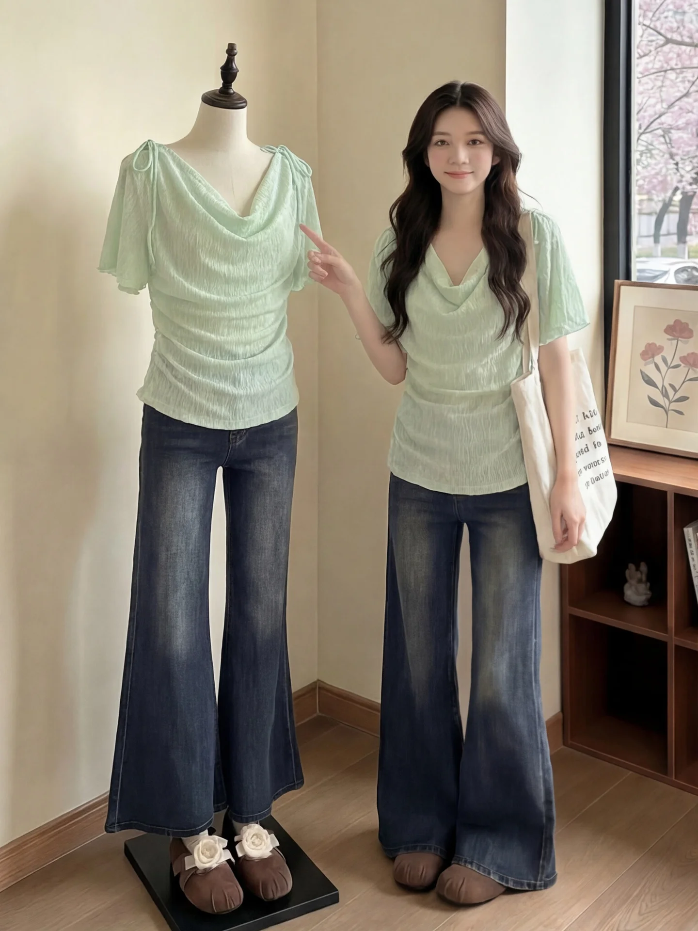 Mint Green Texture Bow Tie Short Sleeve Chiffon Top Women Summer Gathered Waist Slimming Ageless Citywalk Style Korean Version
Mint Green Texture Bow Tie Short Sleeve Chiffon Top Women Summer Gathered Waist Slimming Ageless Citywalk Style Korean Version