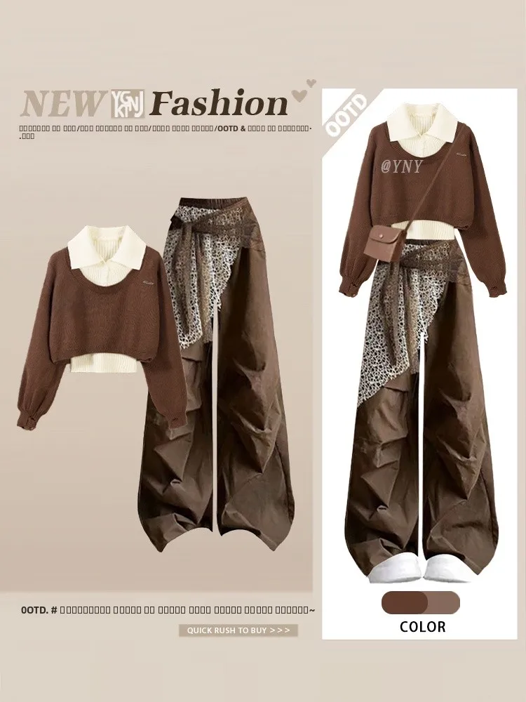 Уличная одежда American Sle, коричневый вязаный свитер, базовый слой, повседневная рабочая одежда, брюки, женский комплект футболок, модный осенний наряд
Уличная одежда American Sle, коричневый вязаный свитер, базовый слой, повседневная рабочая одежда, брюки, женский комплект футболок, модный осенний наряд