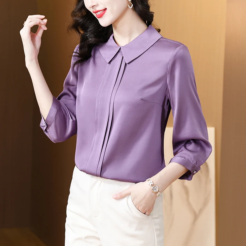 2023 Autumn New Solid Silk Short Women's Purple Shirt Polo Neck Bubble Sleeve Loose Large Slim Top Underlay T-shirt
2023 Autumn New Solid Silk Short Women's Purple Shirt Polo Neck Bubble Sleeve Loose Large Slim Top Underlay T-shirt