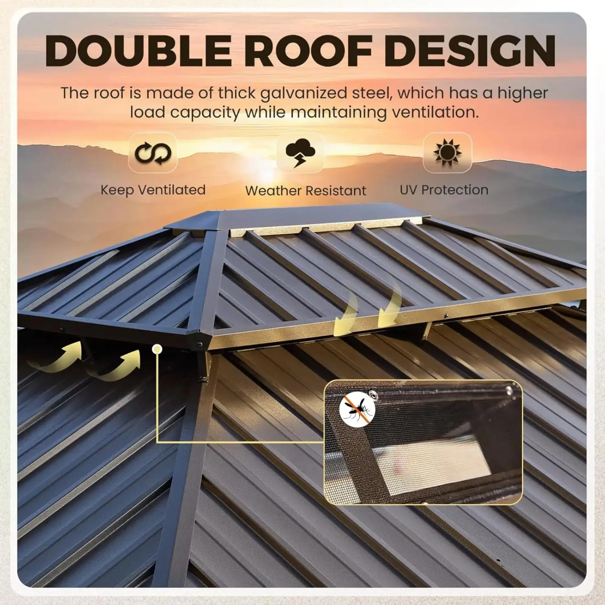 Hot Sale Outdoor Waterproof Double Roof Sustainable PVC Pressure Nature Pavilion Customized Aluminum Frame Hardtop Gazebo
Hot Sale Outdoor Waterproof Double Roof Sustainable PVC Pressure Nature Pavilion Customized Aluminum Frame Hardtop Gazebo
