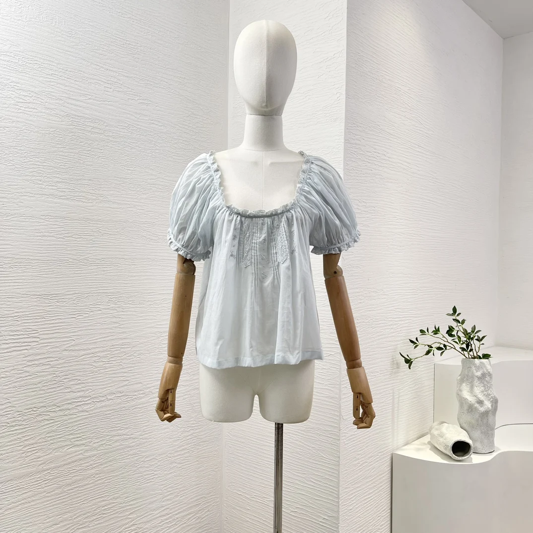 New 2024 Cotton Sky Blue Sweet Short Puff Sleeve Square Collar Lace Patchwork High Quality Spring Summer Blouse Tops for Women
New 2024 Cotton Sky Blue Sweet Short Puff Sleeve Square Collar Lace Patchwork High Quality Spring Summer Blouse Tops for Women