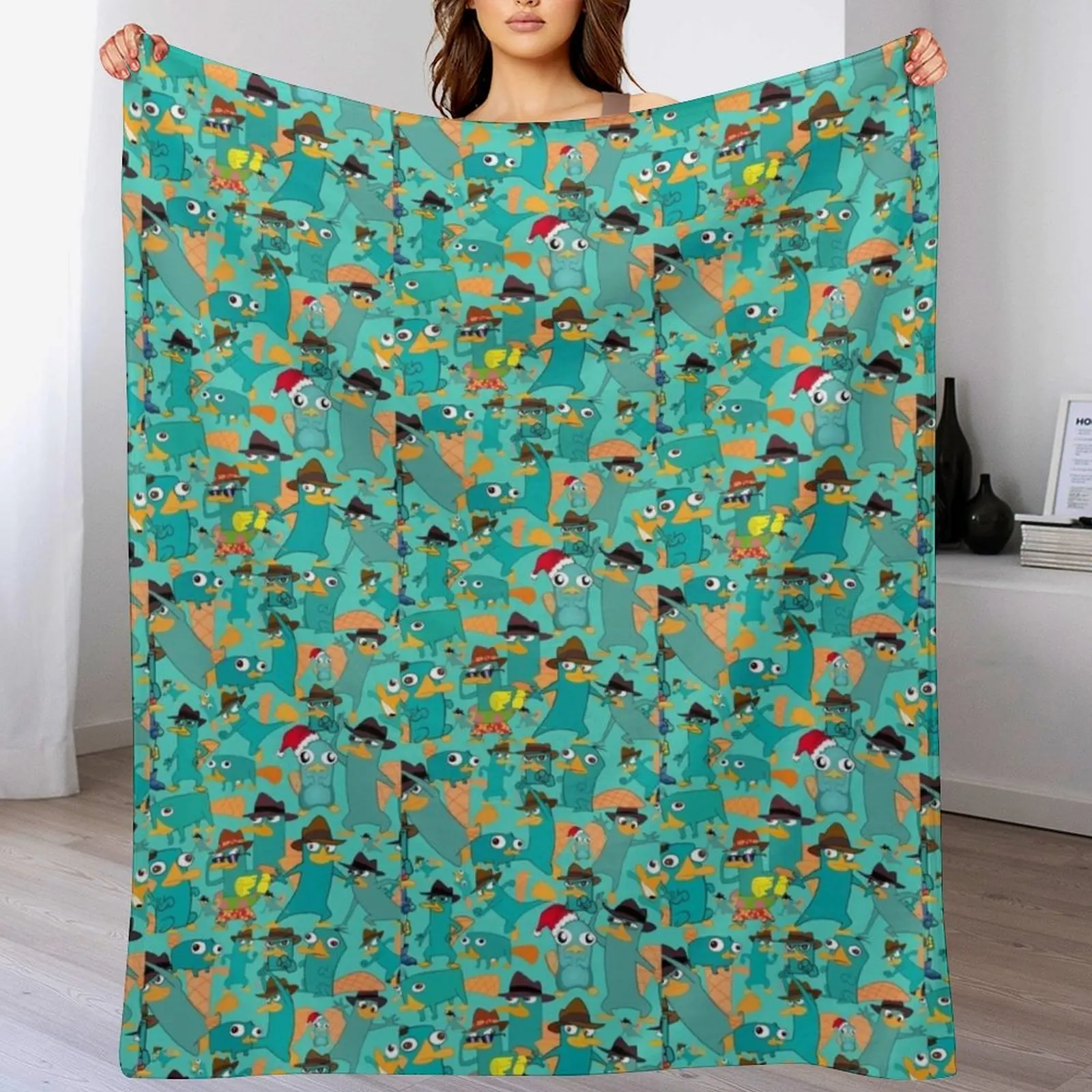 Perry the Platypus Phineas and Ferb Collage Pattern Design - Aquamarine Background Graphic Throw Blanket
Perry the Platypus Phineas and Ferb Collage Pattern Design - Aquamarine Background Graphic Throw Blanket