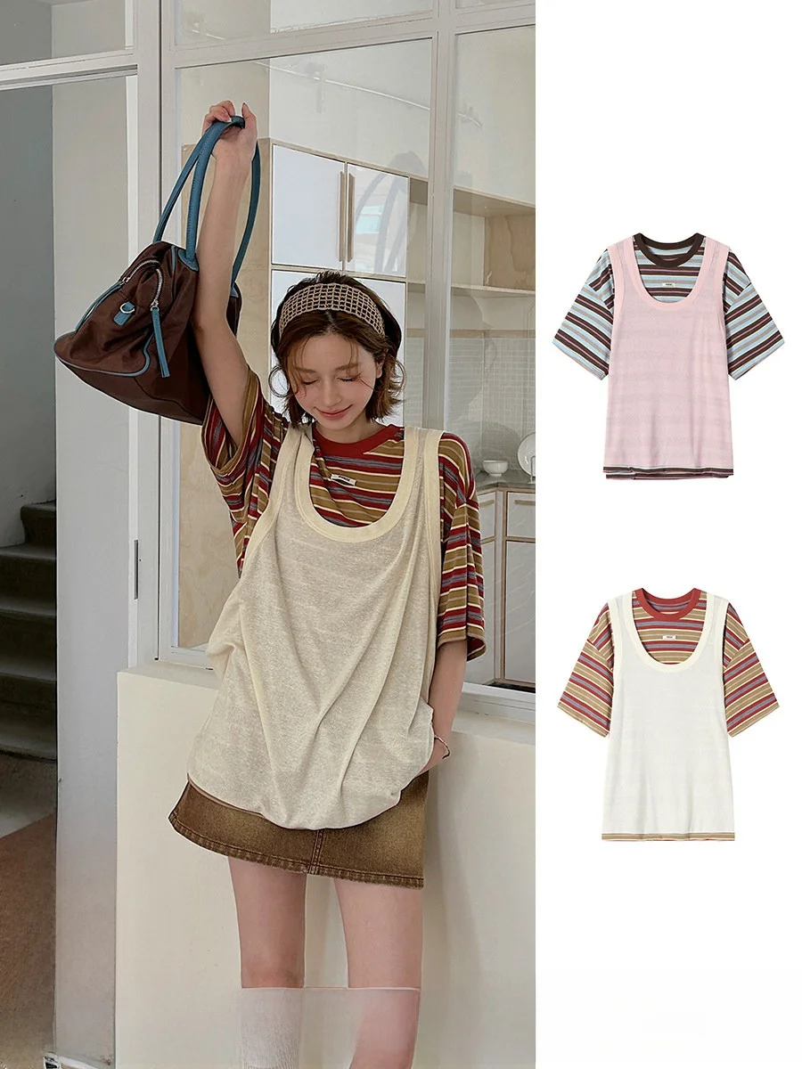 Soft Striped Color Block T-Shirt Fake Two-Piece Spring Summer Casual Women's Fashion Polyester Spandex Blend round Neck
Soft Striped Color Block T-Shirt Fake Two-Piece Spring Summer Casual Women's Fashion Polyester Spandex Blend round Neck