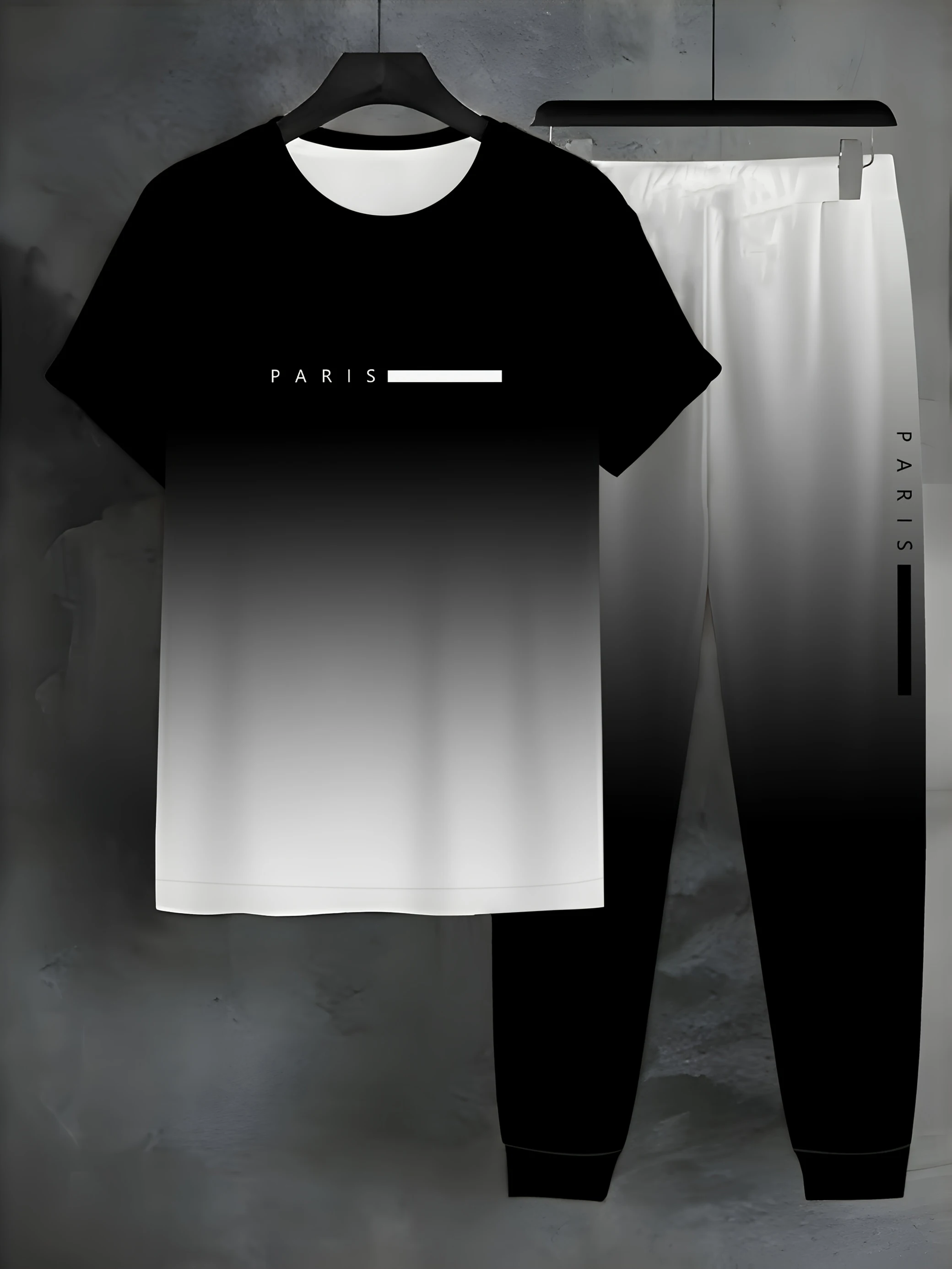 Men's Outfit Black White Set Gradient Paris Letter Print Quick Dry Casual Breathable Sporty Streetwear T-Shirt Drawstring Pants
Men's Outfit Black White Set Gradient Paris Letter Print Quick Dry Casual Breathable Sporty Streetwear T-Shirt Drawstring Pants