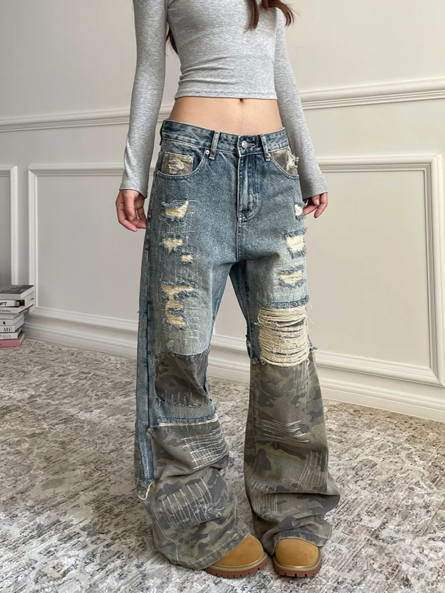 American Retro Camouflage Patchwork Distressed Denim Jeans Women's Loose Cleanfit Casual Micro Flared Long Pants
American Retro Camouflage Patchwork Distressed Denim Jeans Women's Loose Cleanfit Casual Micro Flared Long Pants