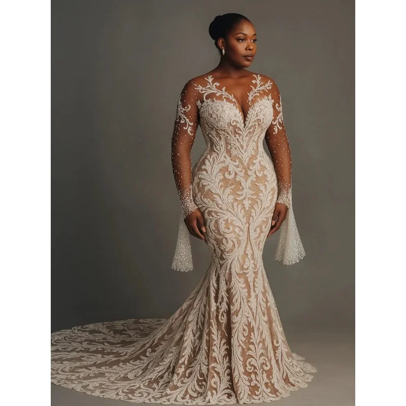 Custom African Sexy Mermaid Wedding Dress Elegant Deep V-neck Long Sleeve Pearl Embroidered Bridal Dress Vintage Wedding Dress
Custom African Sexy Mermaid Wedding Dress Elegant Deep V-neck Long Sleeve Pearl Embroidered Bridal Dress Vintage Wedding Dress